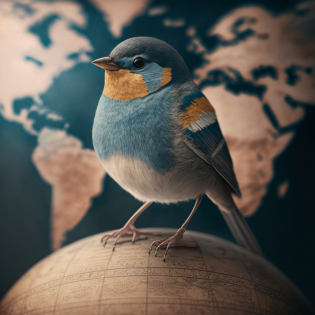 Bird sitting on a globe in-front of a map