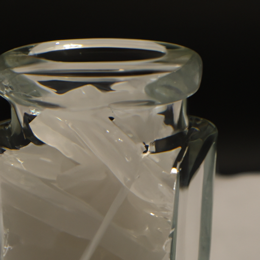 Eine kleine Glasflasche, die mit klarer Flüssigkeit und großen weißen Kristallen gefüllt ist