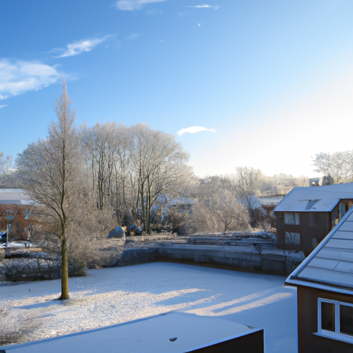 A snow-covered landscape, with trees and buildings dusted with snow and ice crystals